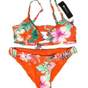 Bebe Bikini 2 Piece Bathing Suit Size L Orange Tropical Floral Brazilian NWT